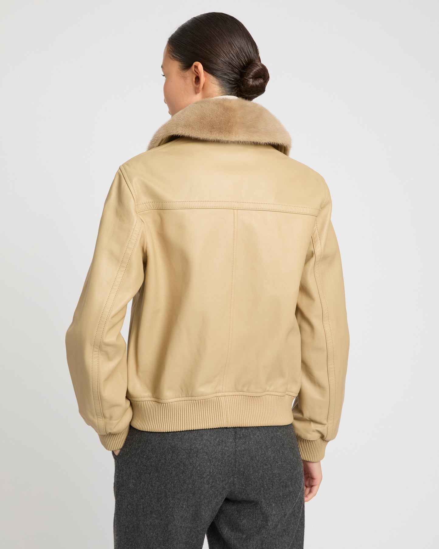 Lamb leather bomber jacket with removable mink collar