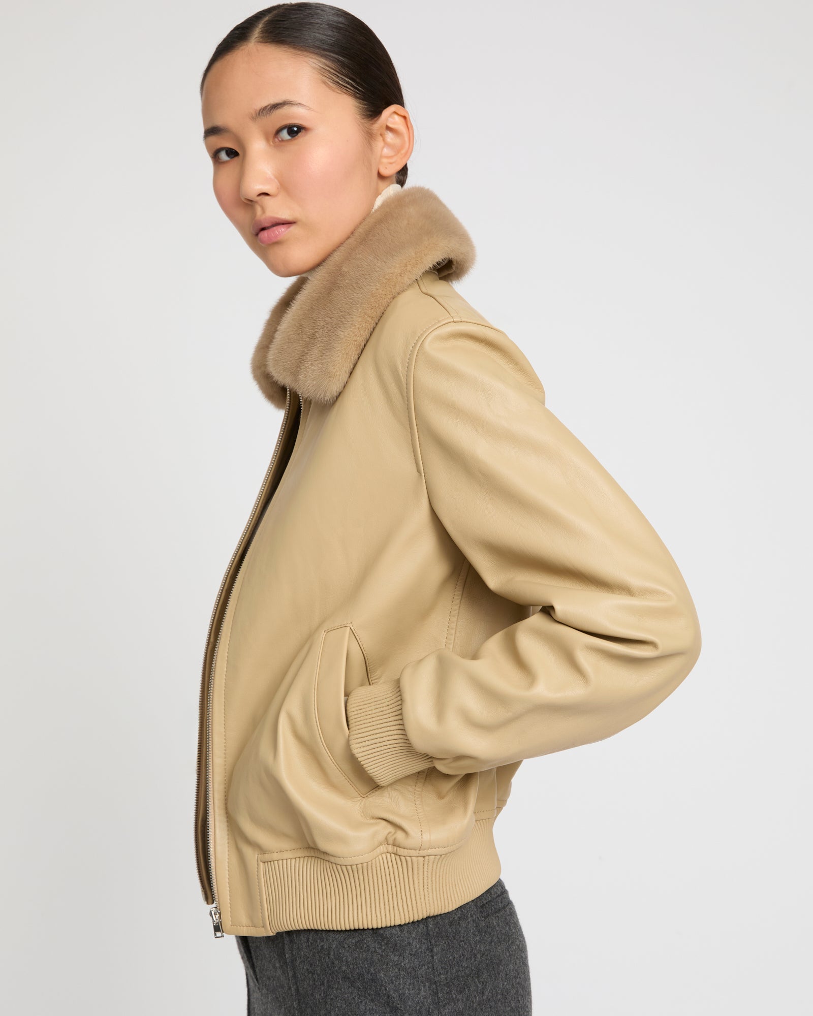 Lamb leather bomber jacket with removable mink collar - beige
