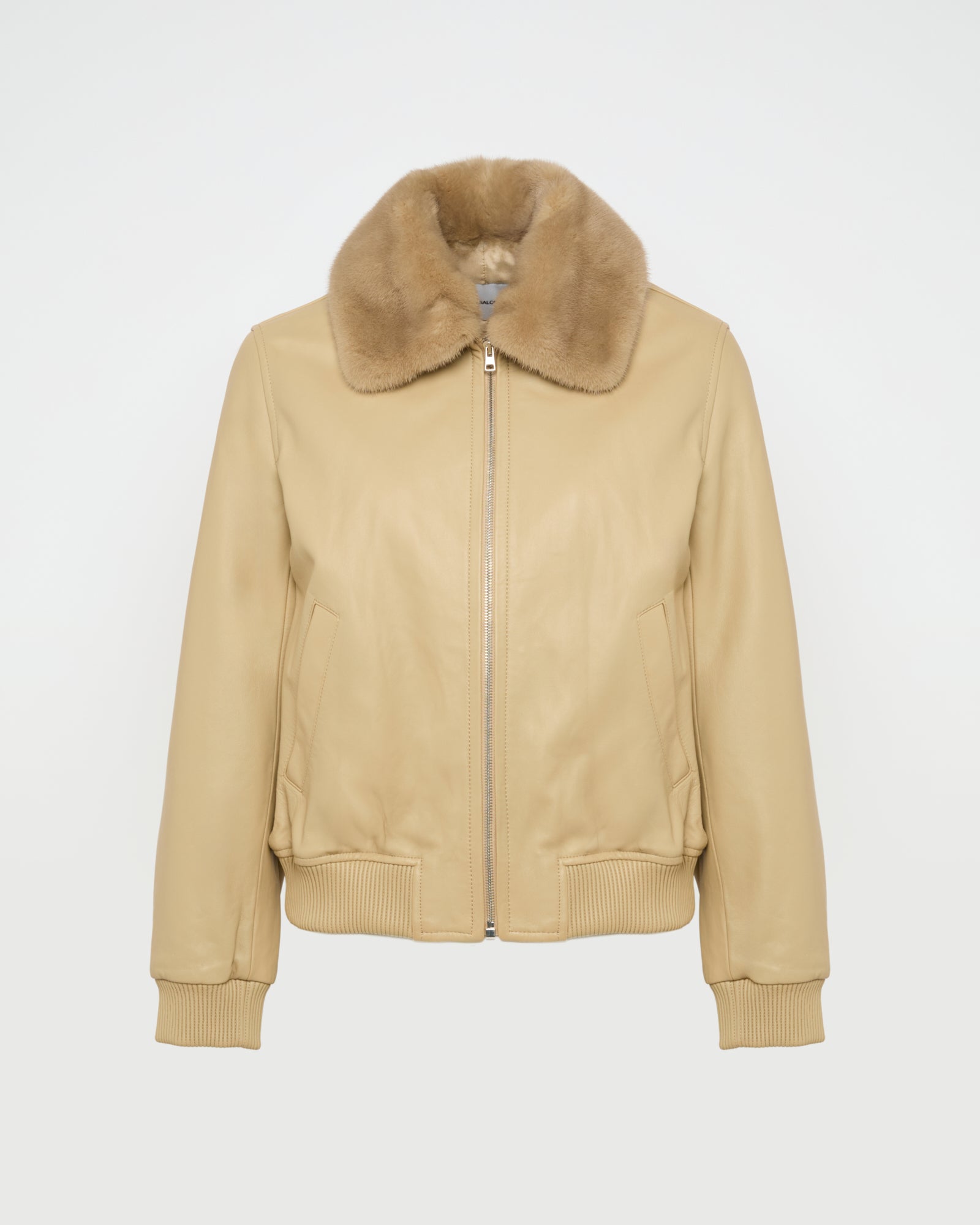 Lamb leather bomber jacket with removable mink collar - beige