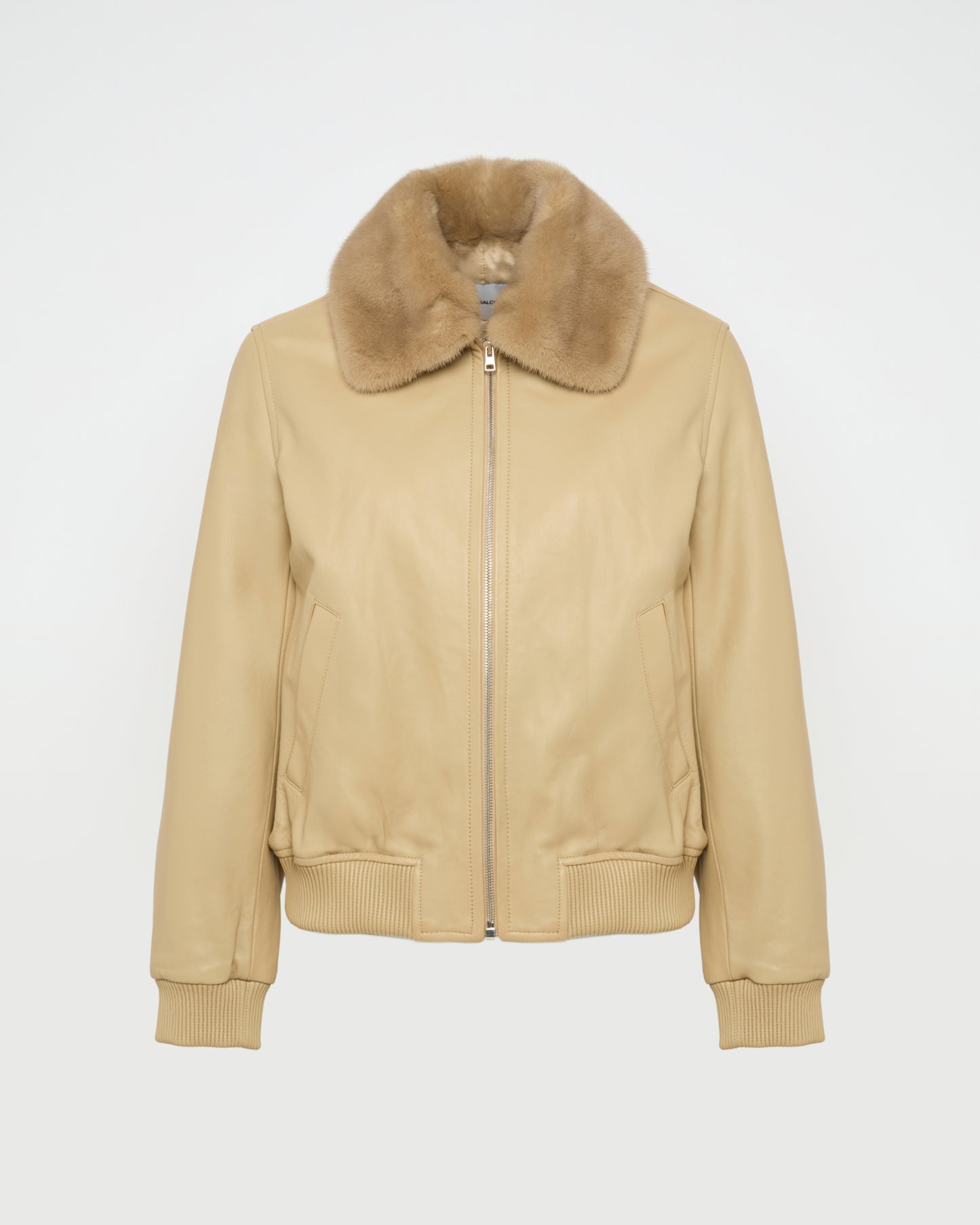 Lamb leather bomber jacket with removable mink collar