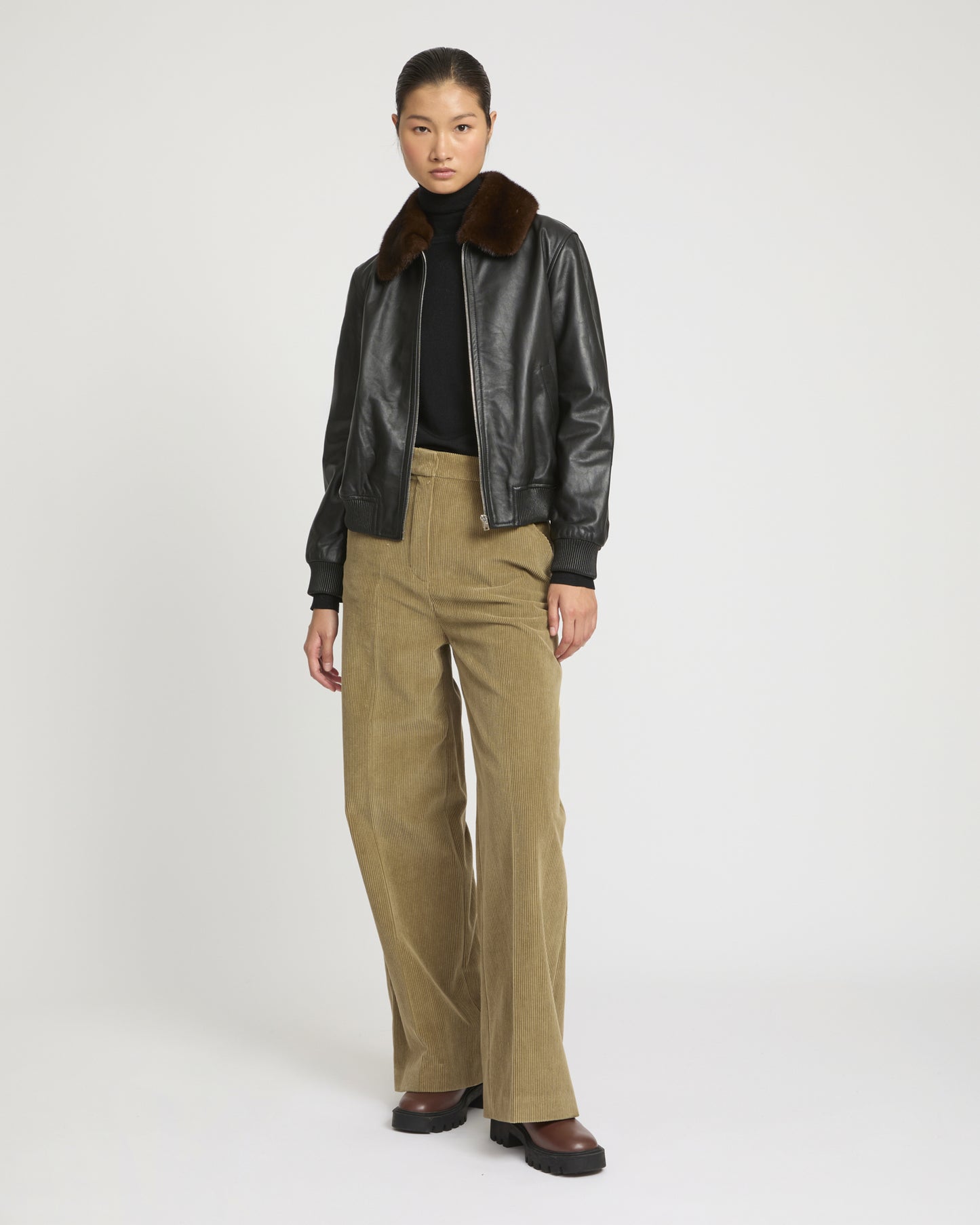 Lamb leather bomber jacket with removable mink collar