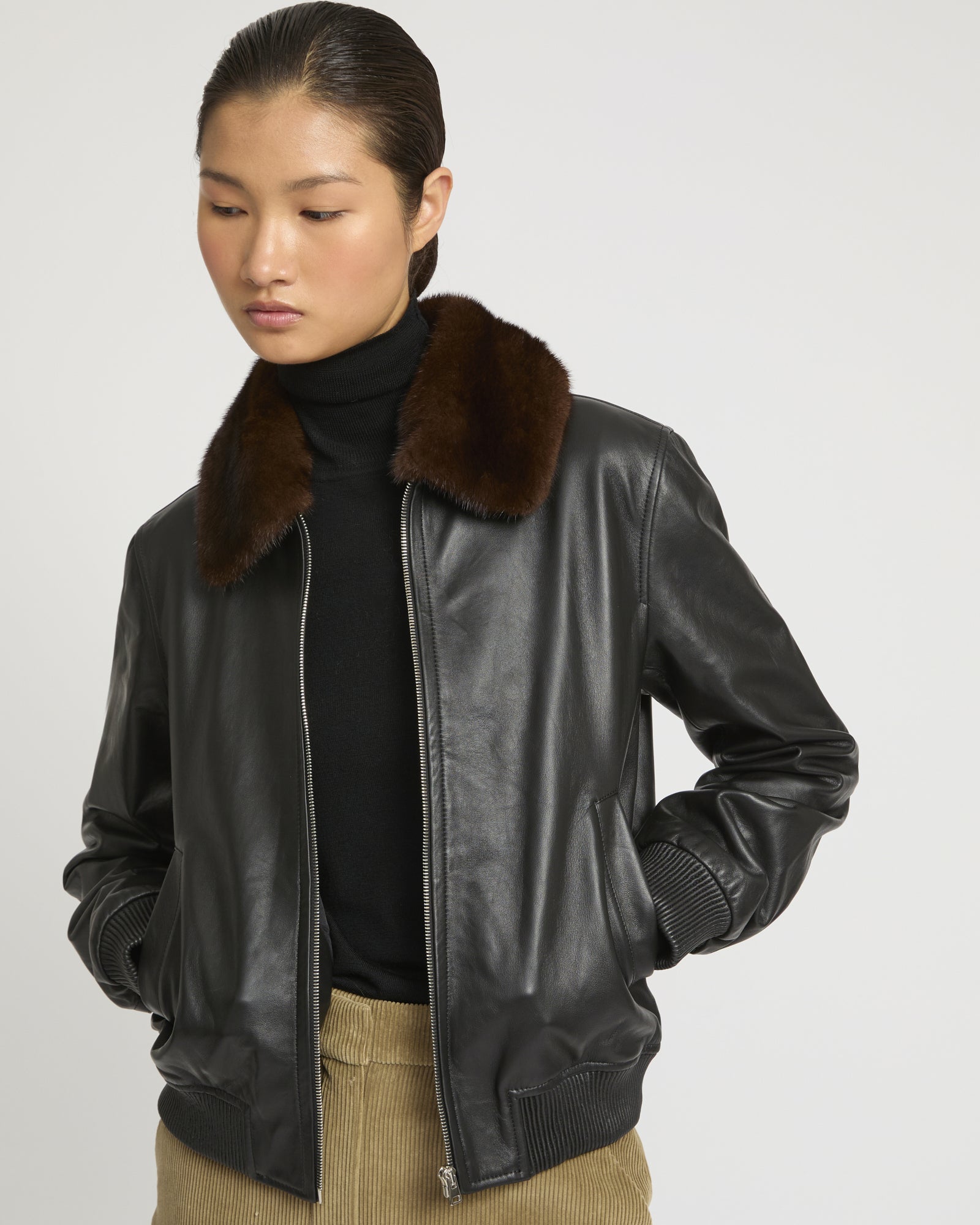 Lamb leather bomber jacket with removable mink collar - black