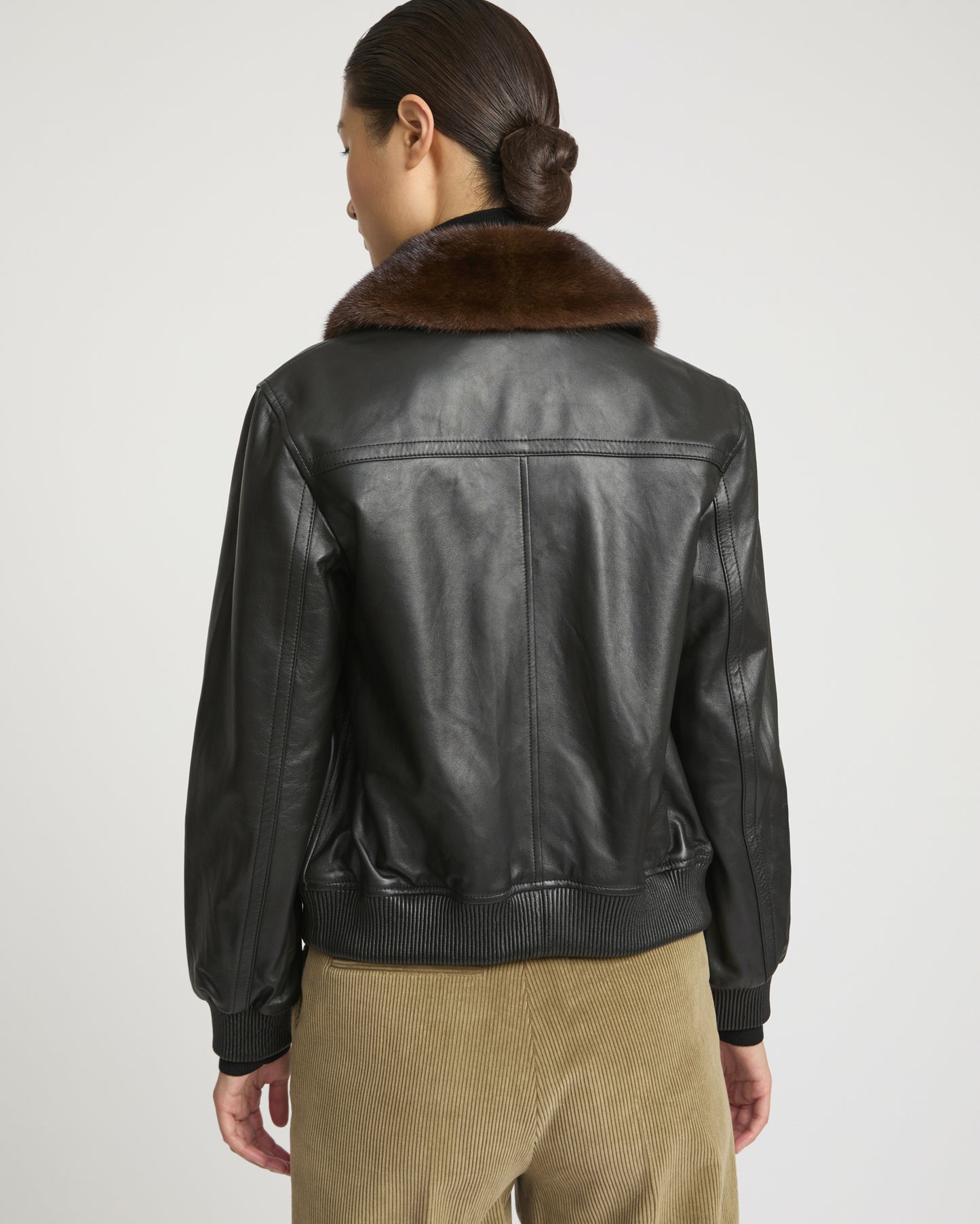 Lamb leather bomber jacket with removable mink collar