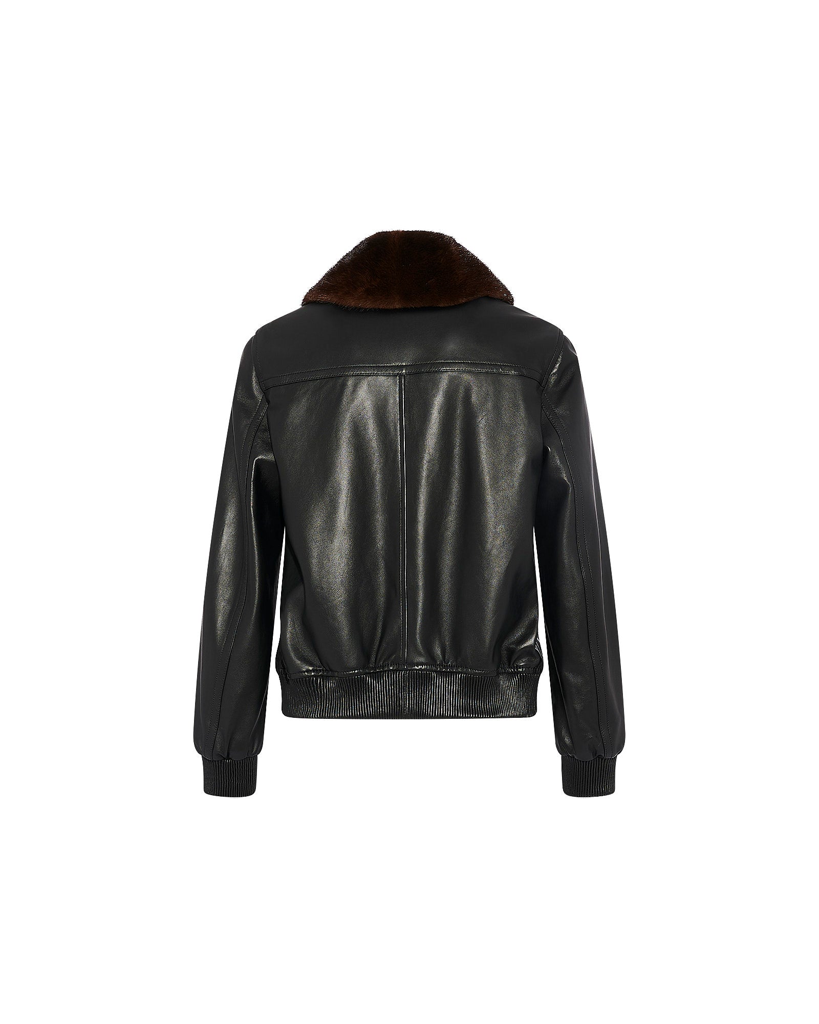 Lamb leather bomber jacket with removable mink collar - black