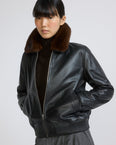 Lamb leather bomber jacket with removable mink collar