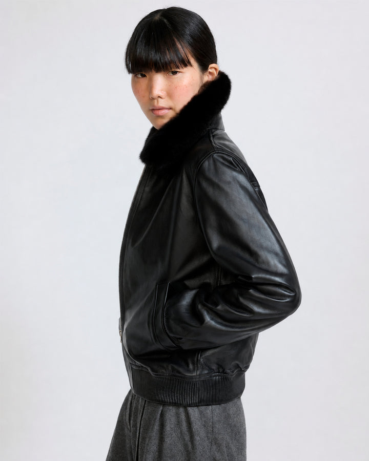 Lamb leather bomber jacket with removable mink collar