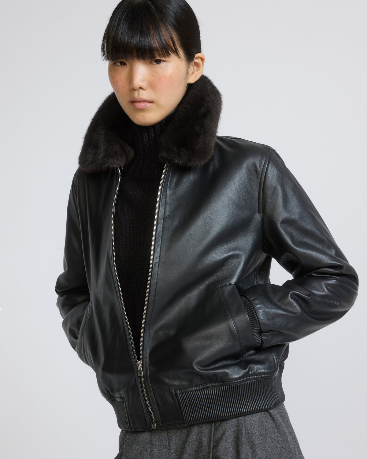 Lamb leather bomber jacket with removable mink collar
