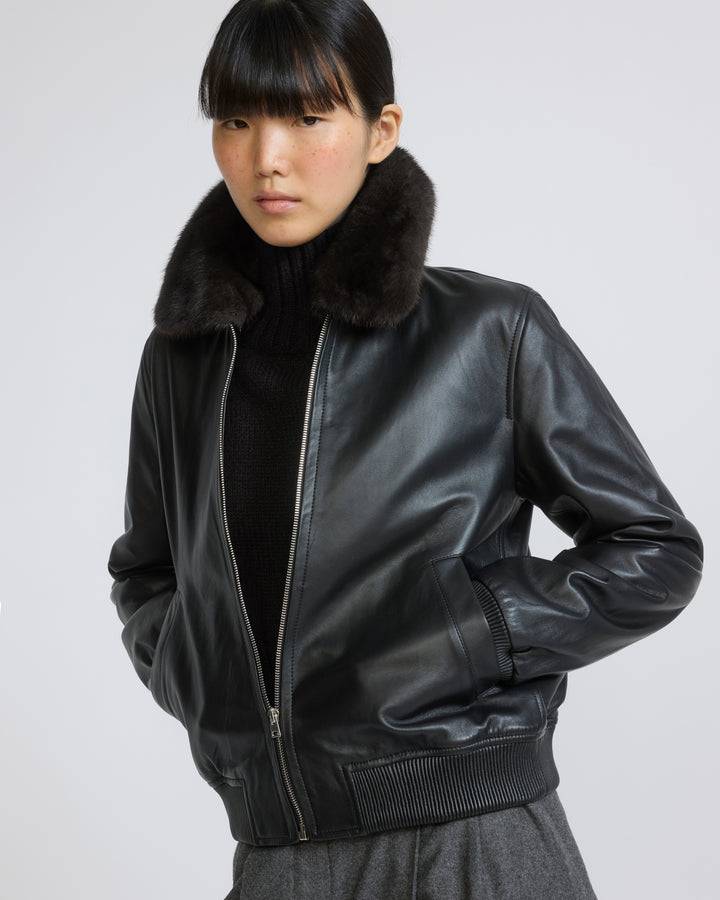 Lamb leather bomber jacket with removable mink collar