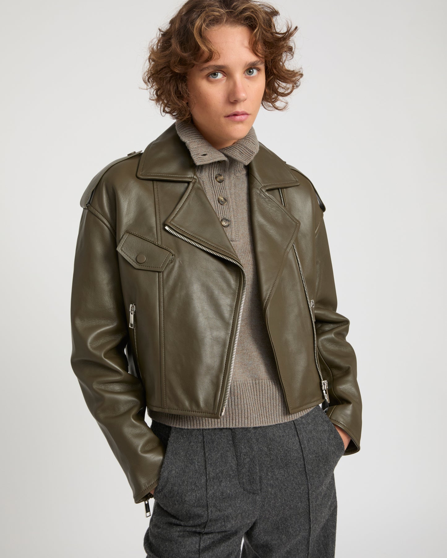 Cropped lambskin biker jacket