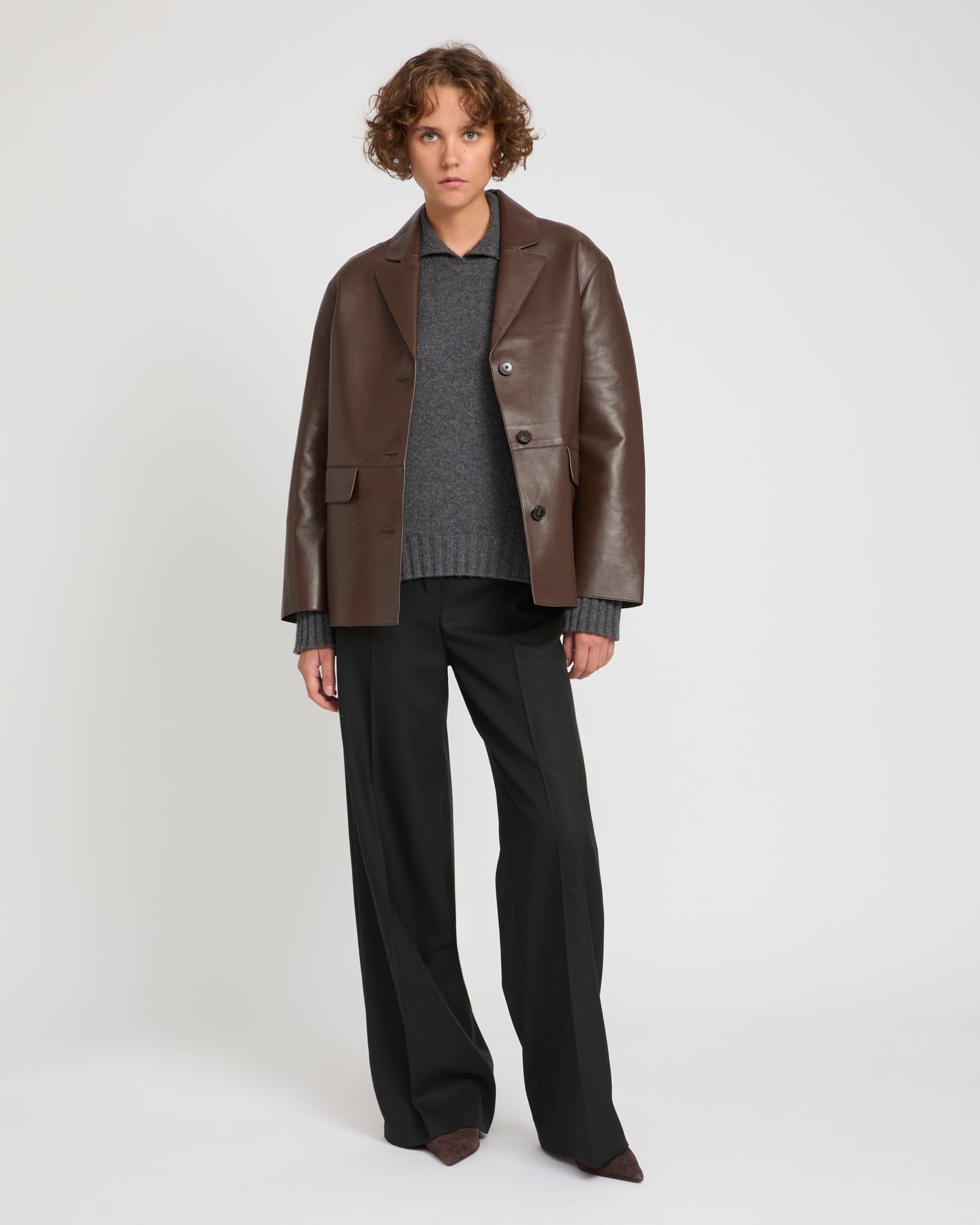 Woollen bonded leather jacket - brown - Winter sale – Yves Salomon US