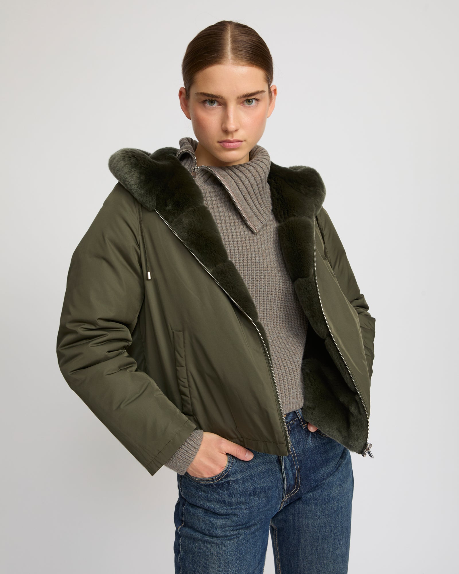 Hooded jacket in technical fabric reversible rex rabbit fur
