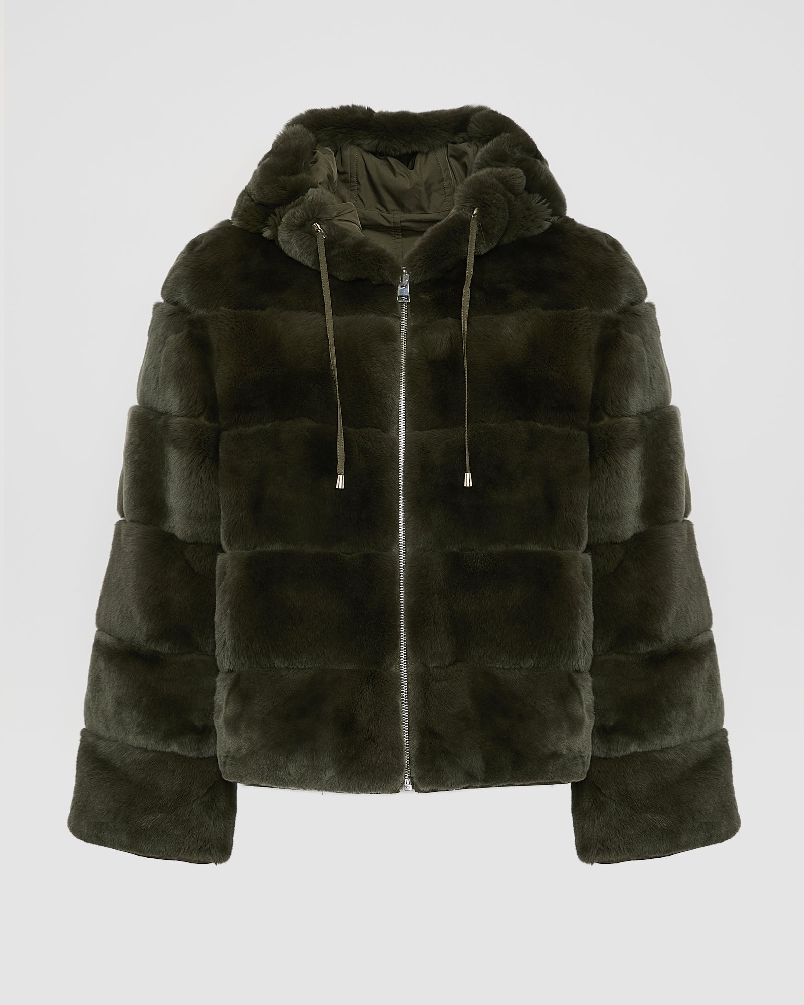 Hooded jacket in technical fabric reversible rex rabbit fur