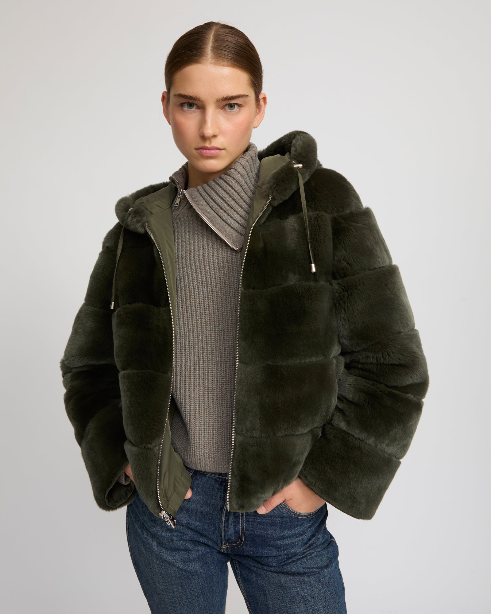Hooded jacket in technical fabric reversible rex rabbit fur