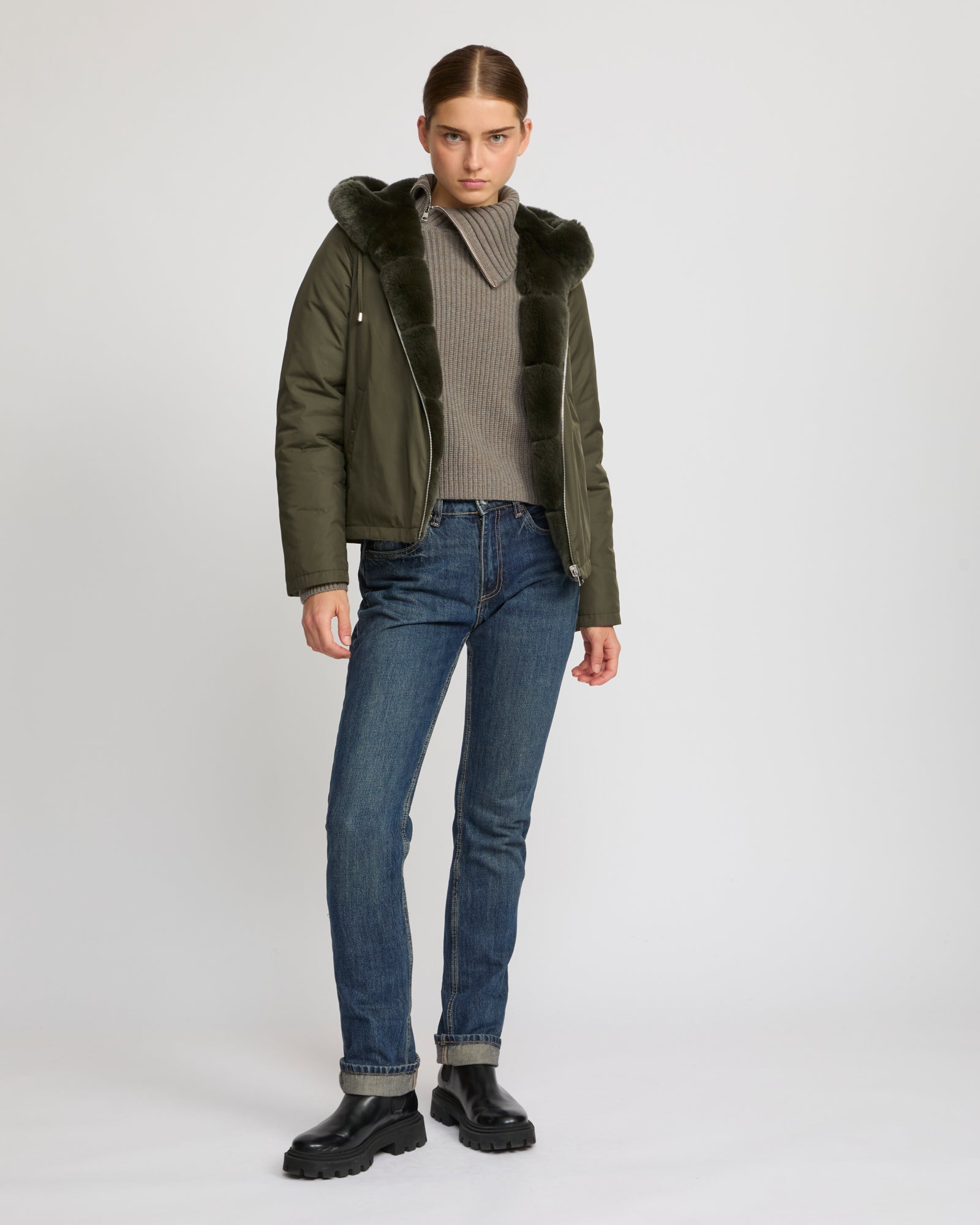 Y2K 平成 Abahouse ラビットファートリム ミリタリージャケット Short hooded down jacket in technical fabric reversible ribbed rex