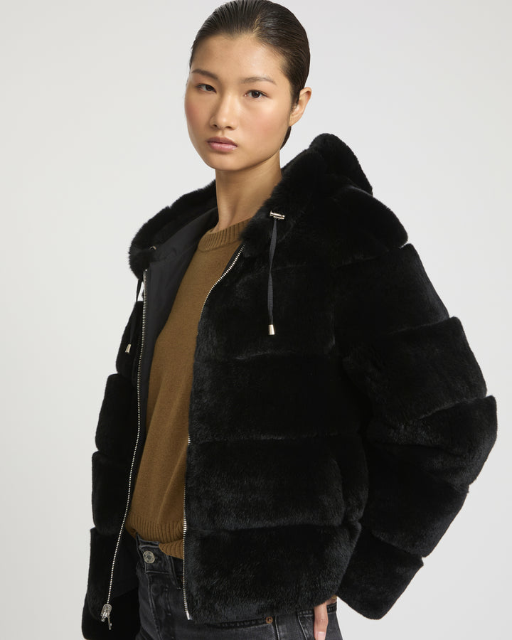 Hooded jacket in technical fabric reversible rex rabbit fur
