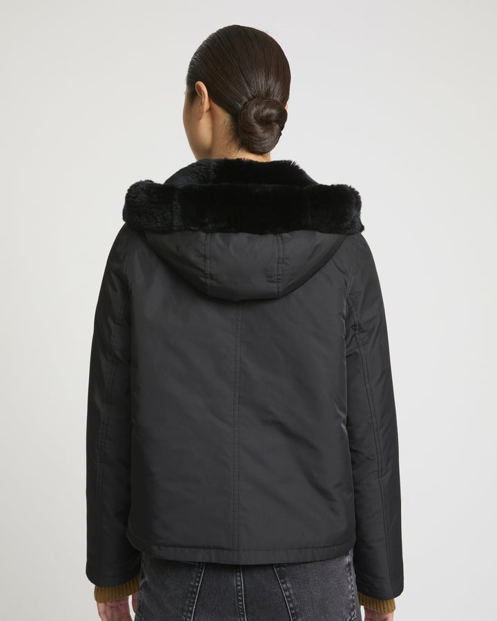 Hooded jacket in technical fabric reversible rex rabbit fur