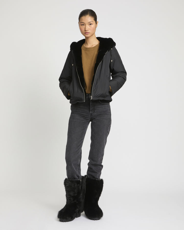 Hooded jacket in technical fabric reversible rex rabbit fur