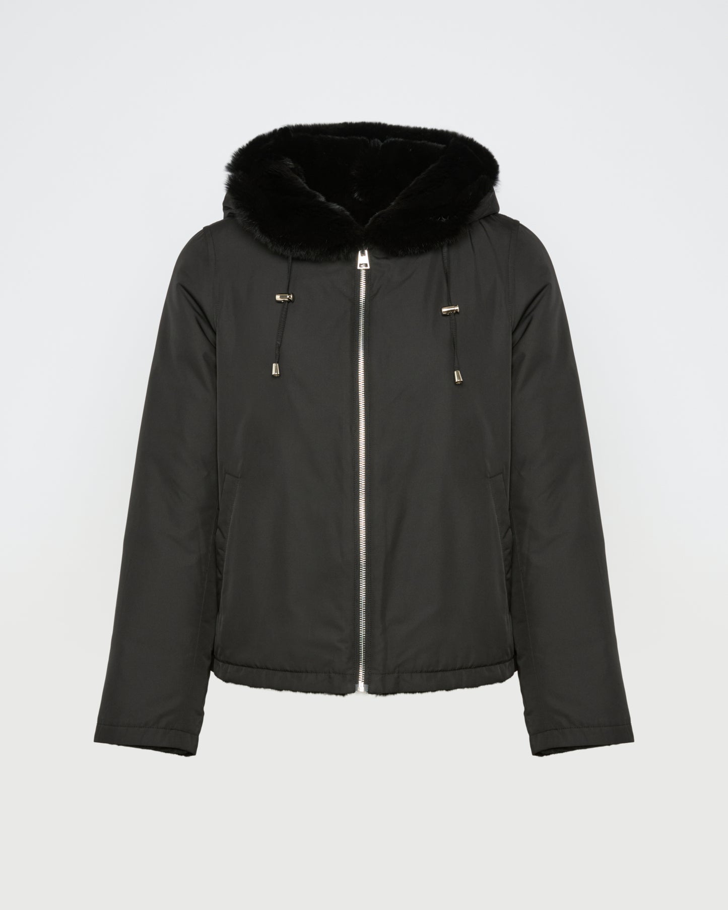 Hooded jacket in technical fabric reversible rex rabbit fur