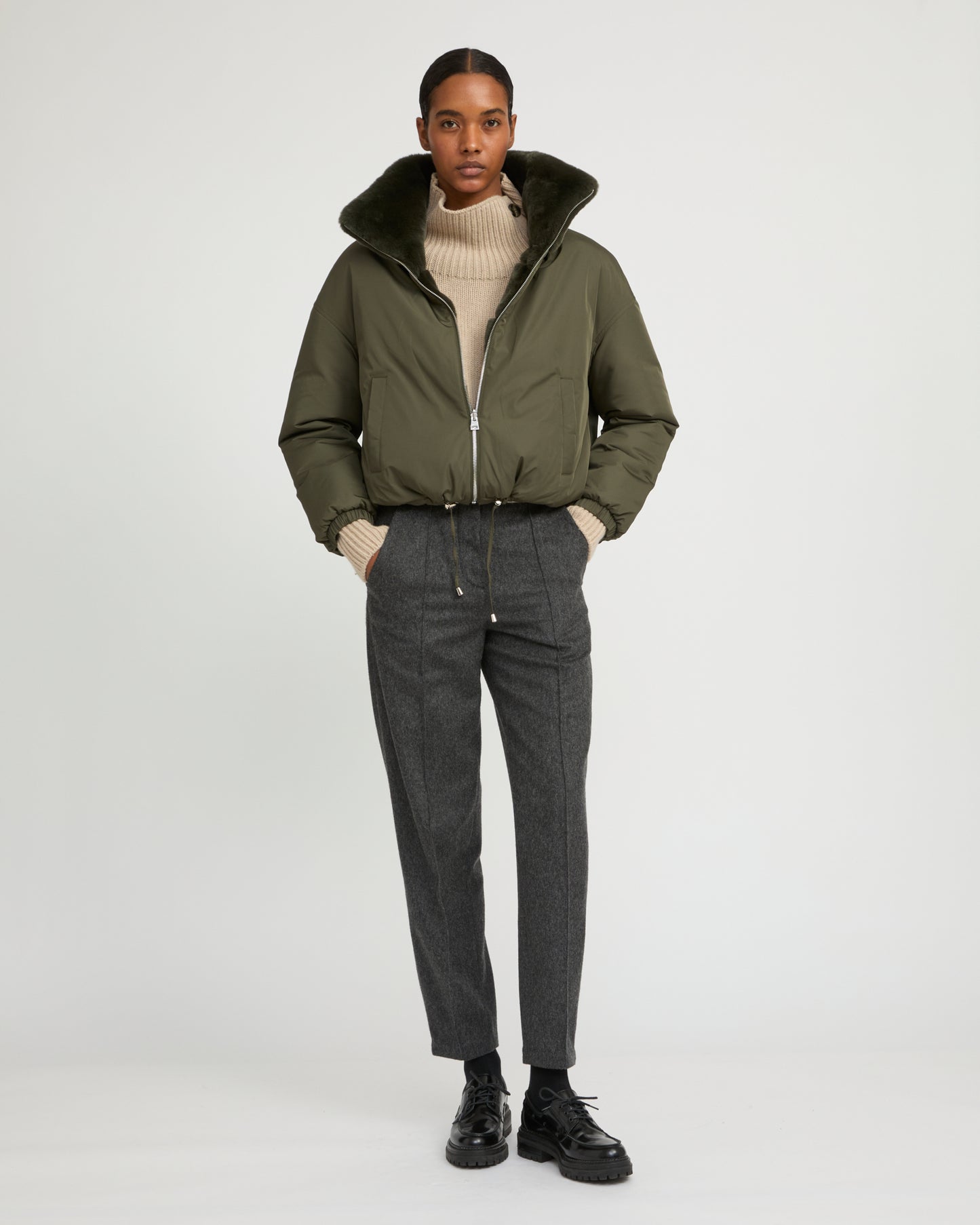 Boxy jacket in technical fabric reversible rex rabbit fur - Yves Salomon