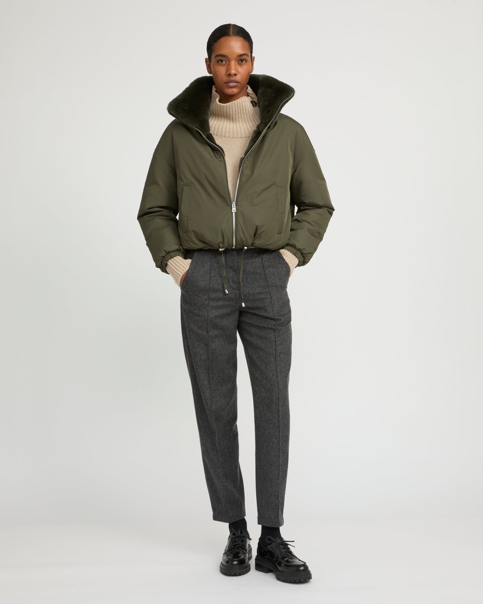 Boxy jacket in technical fabric reversible rex rabbit fur - Yves Salomon