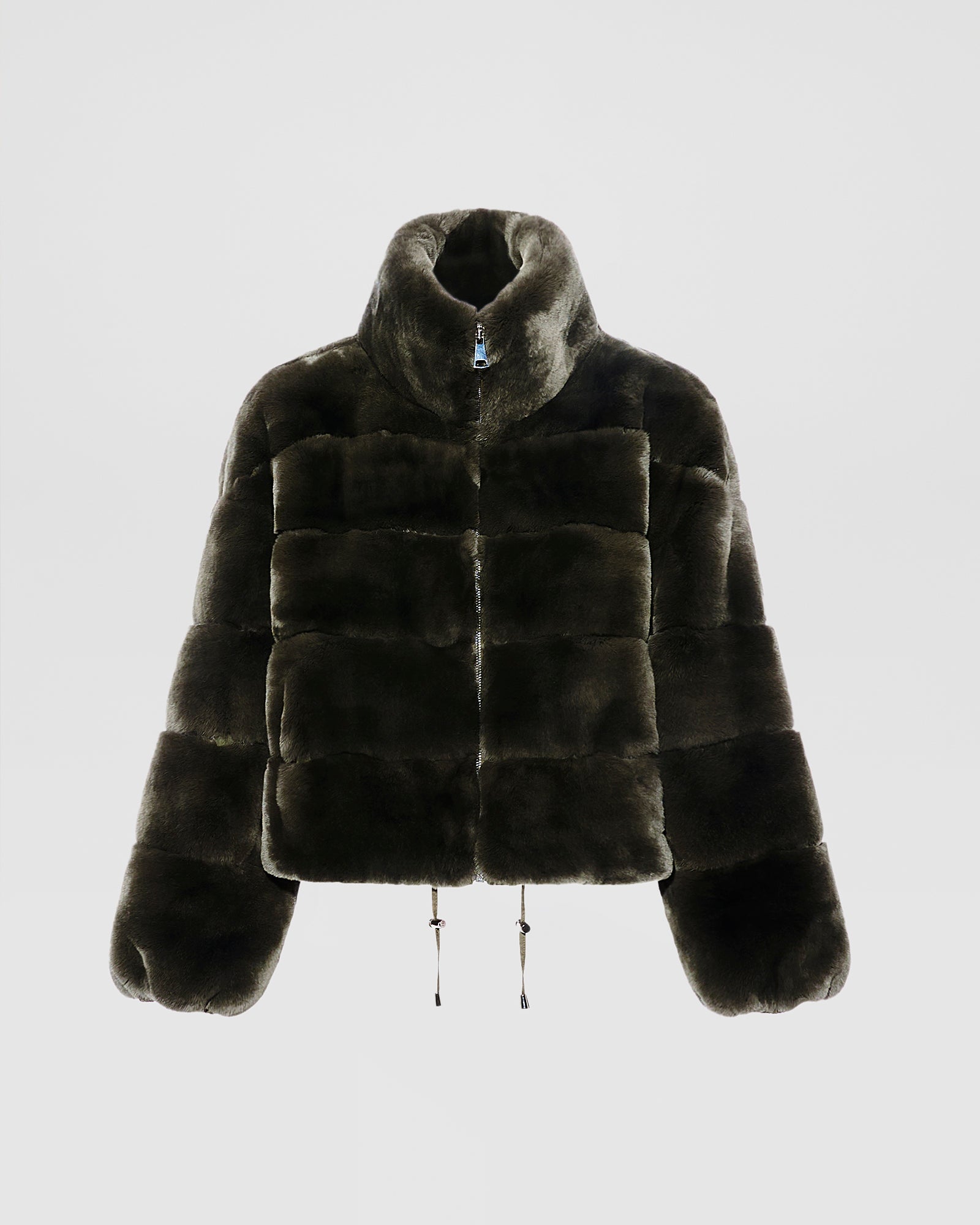 Boxy jacket in technical fabric reversible rex rabbit fur - khaki