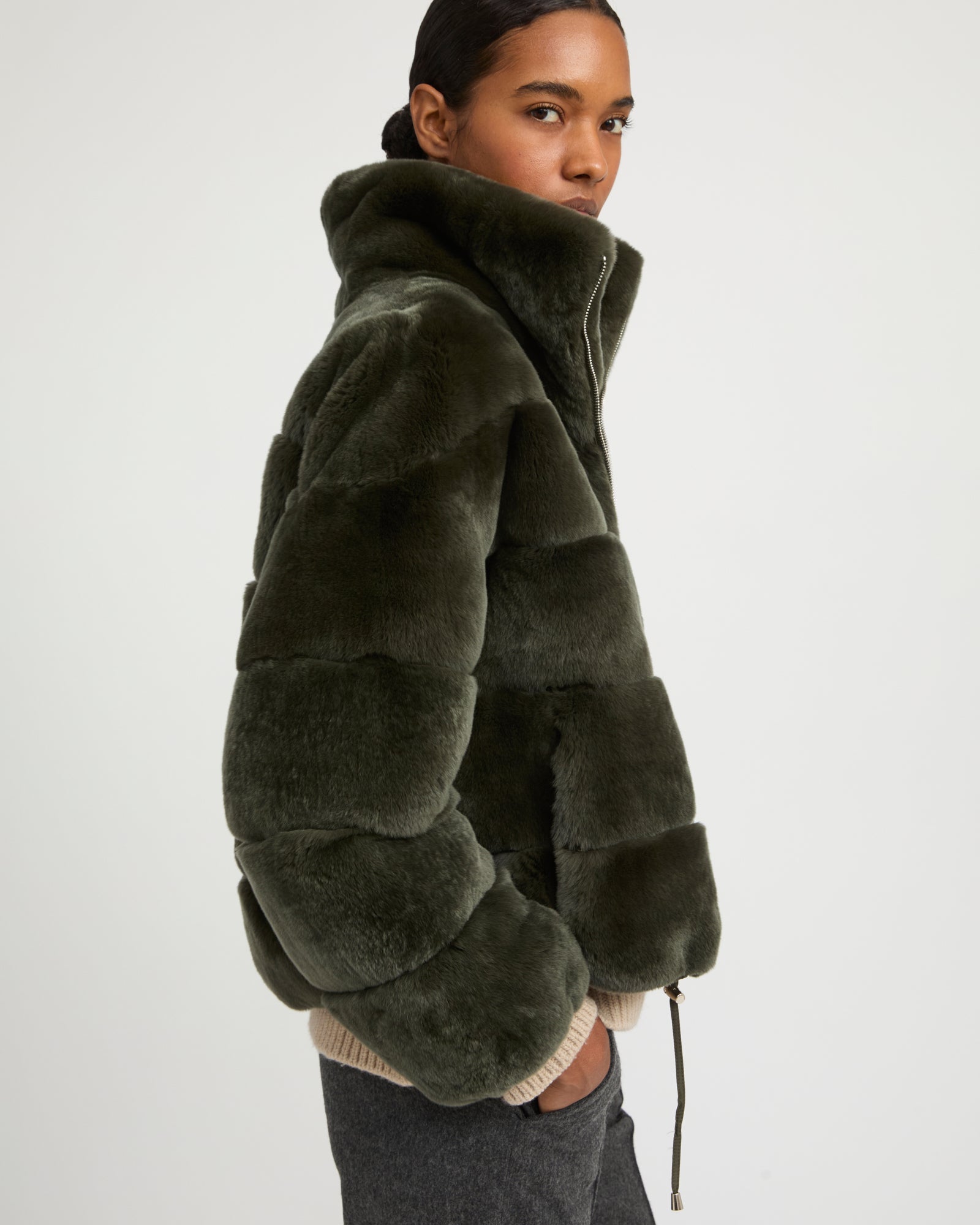 Boxy jacket in technical fabric reversible rex rabbit fur - Yves Salomon