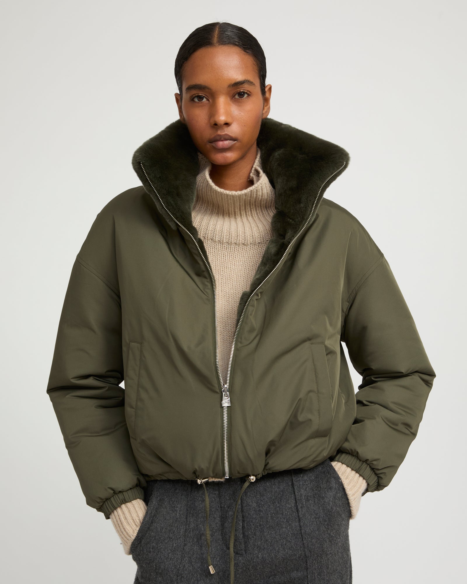 Boxy jacket in technical fabric reversible rex rabbit fur - Yves Salomon