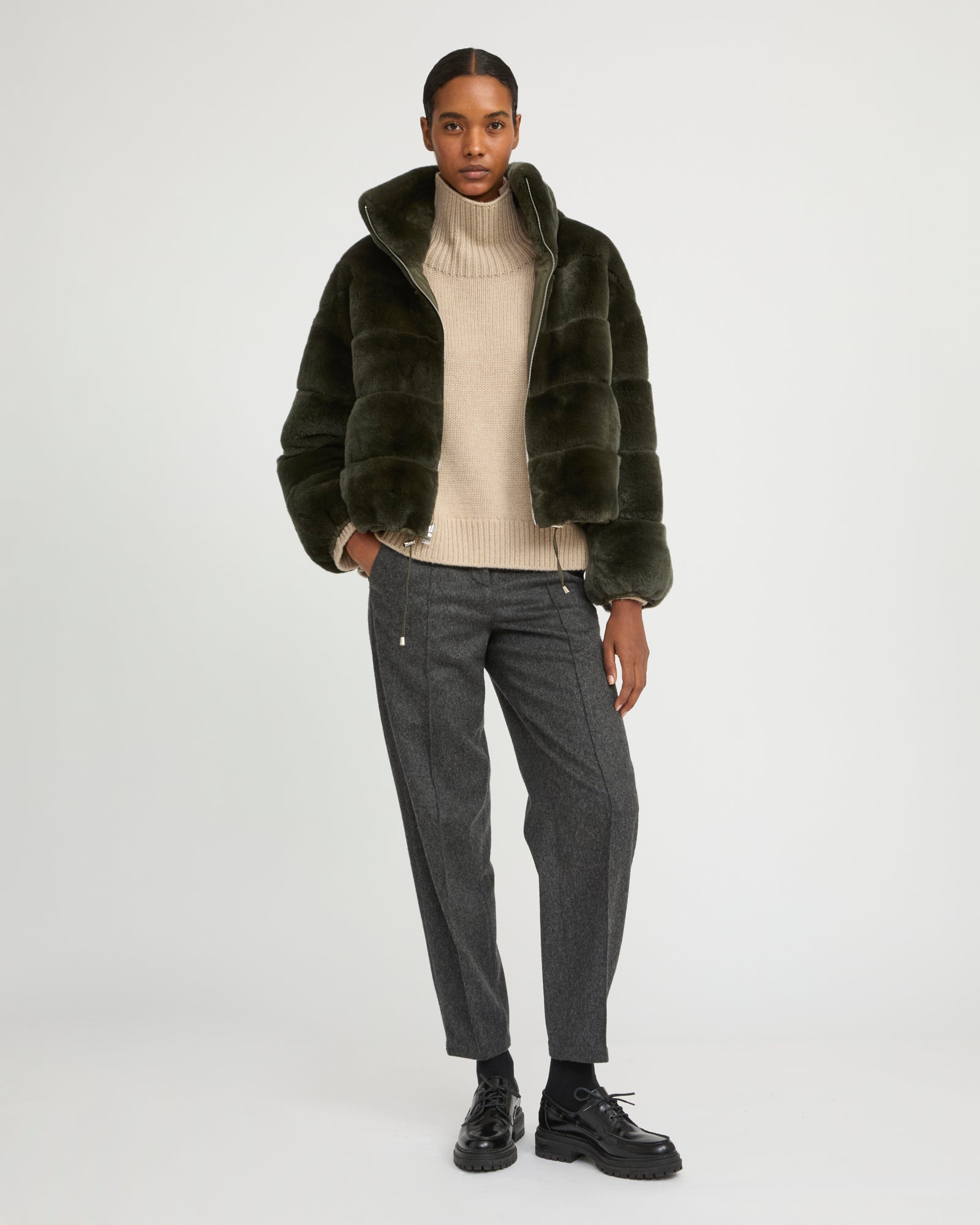 Boxy jacket in technical fabric reversible rex rabbit fur - khaki