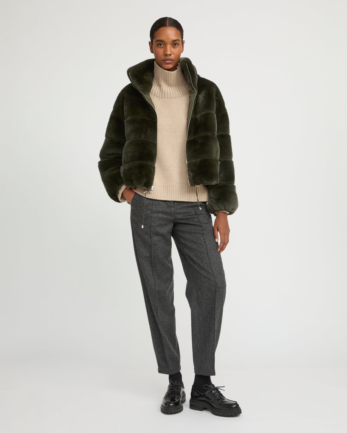 Boxy jacket in technical fabric reversible rex rabbit fur - Yves Salomon
