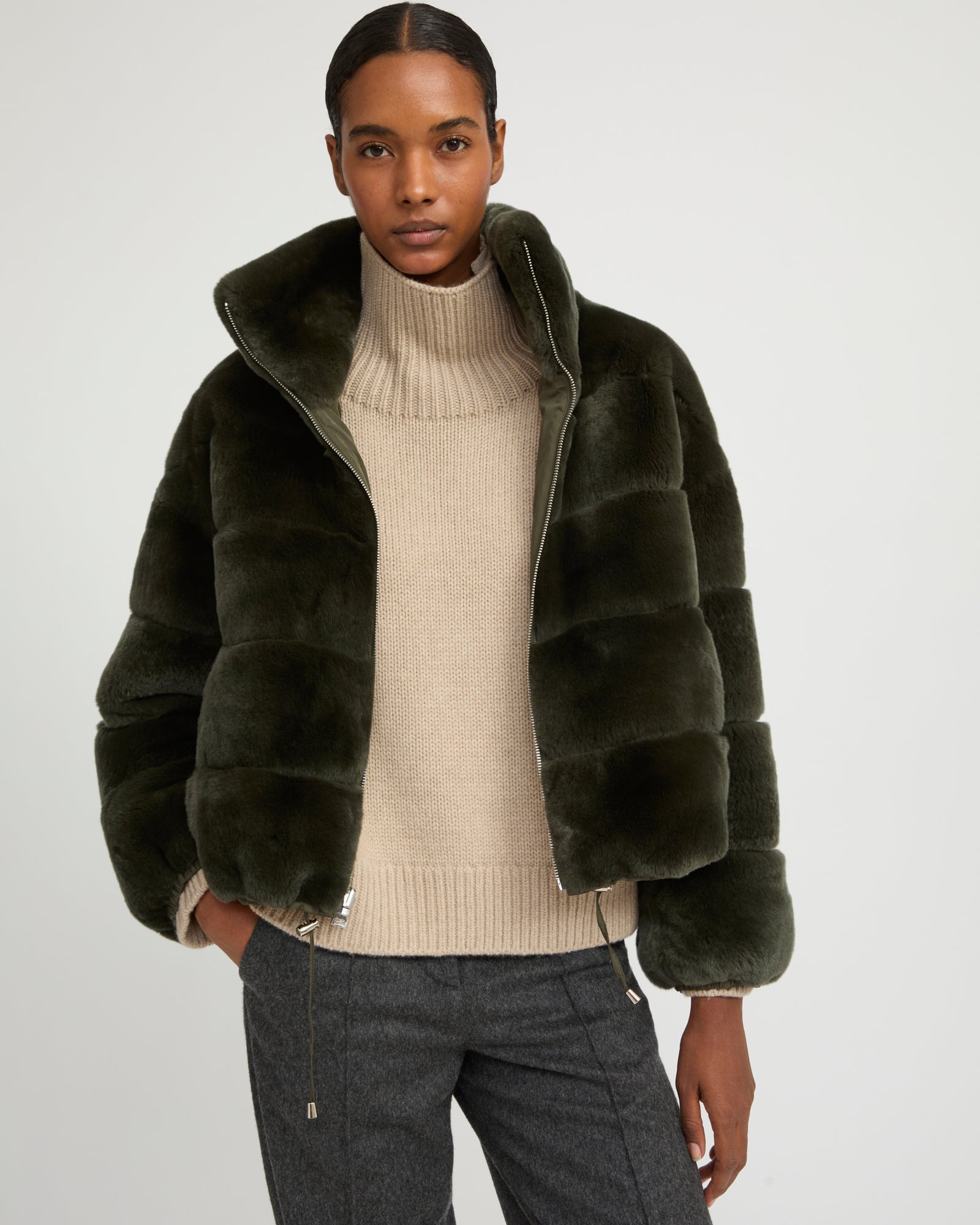Boxy jacket in technical fabric reversible rex rabbit fur - khaki