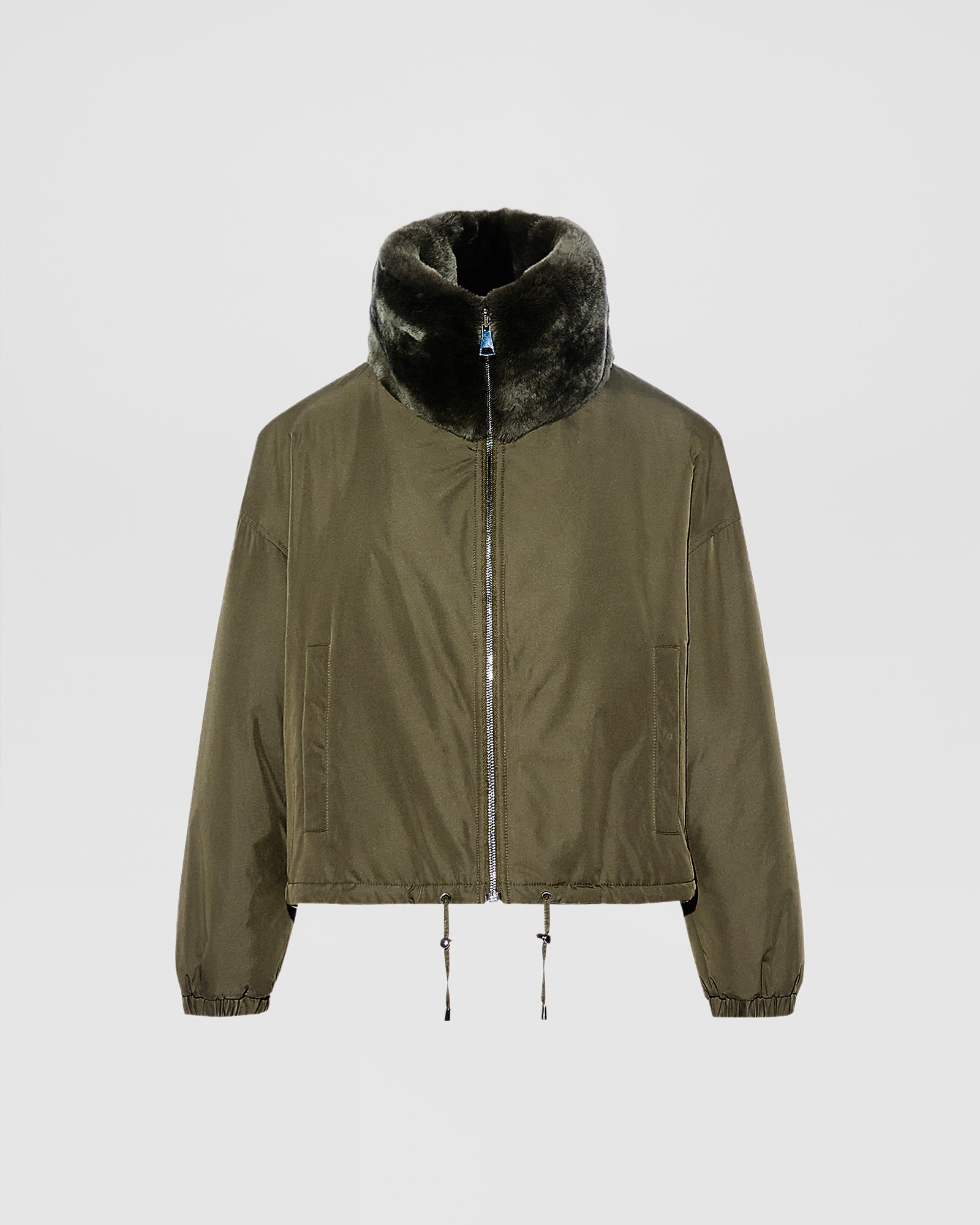 Boxy jacket in technical fabric reversible rex rabbit fur - khaki
