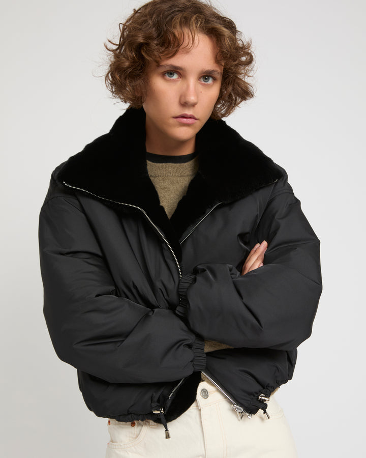 Boxy jacket in technical fabric reversible rex rabbit fur