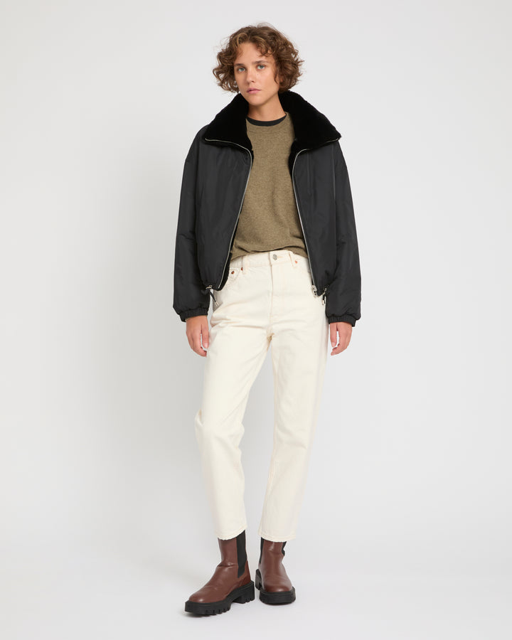 Boxy jacket in technical fabric reversible rex rabbit fur