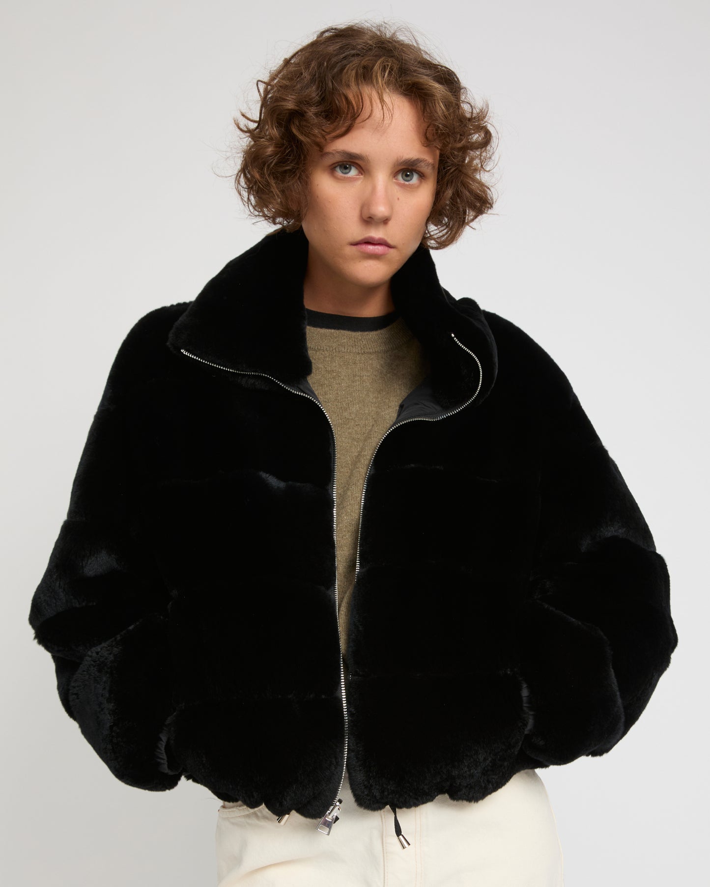 Boxy jacket in technical fabric reversible rex rabbit fur
