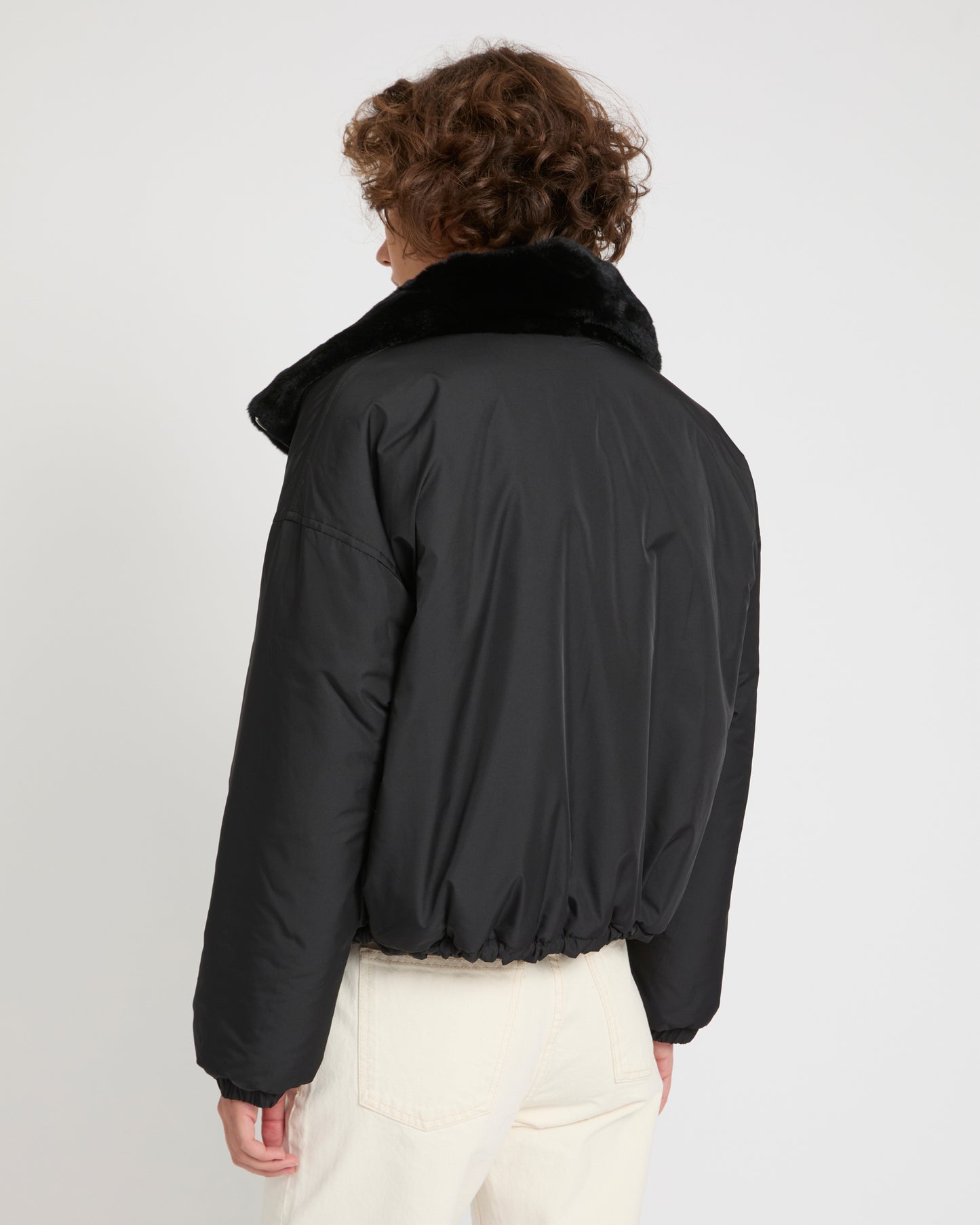 Boxy jacket in technical fabric reversible rex rabbit fur