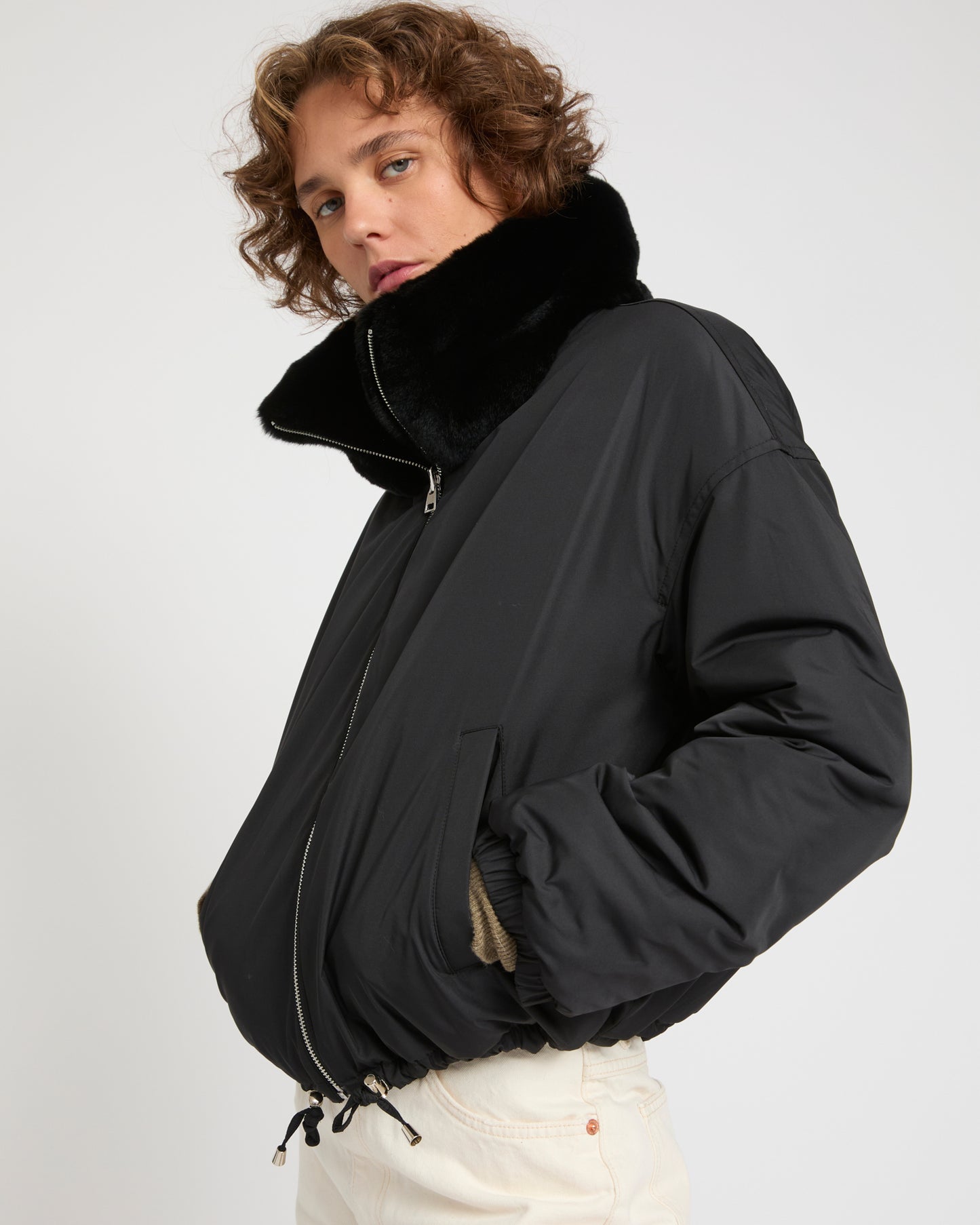 Boxy jacket in technical fabric reversible rex rabbit fur