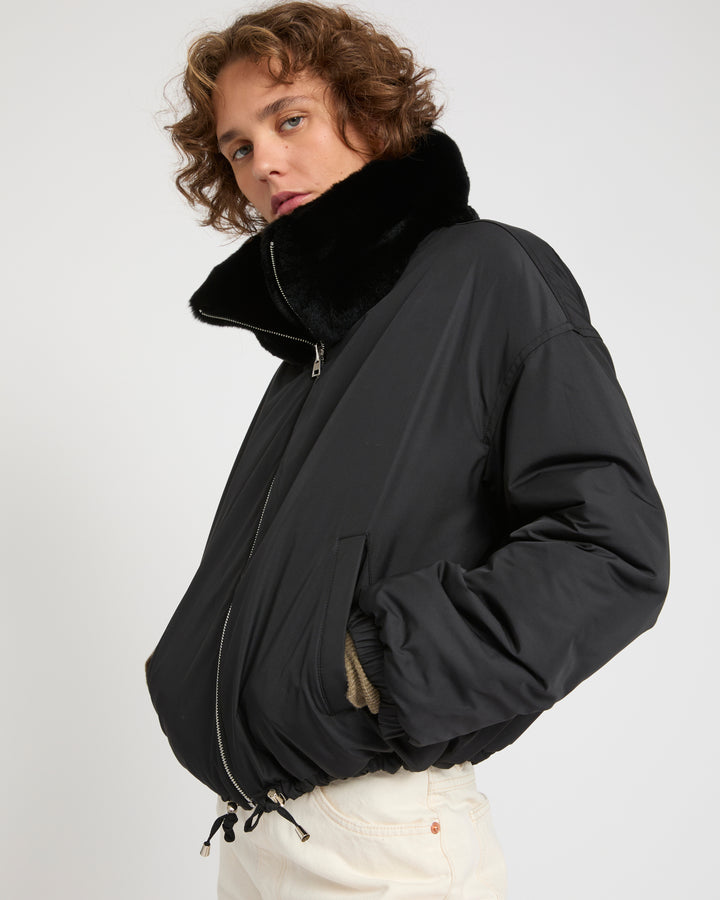 Boxy jacket in technical fabric reversible rex rabbit fur