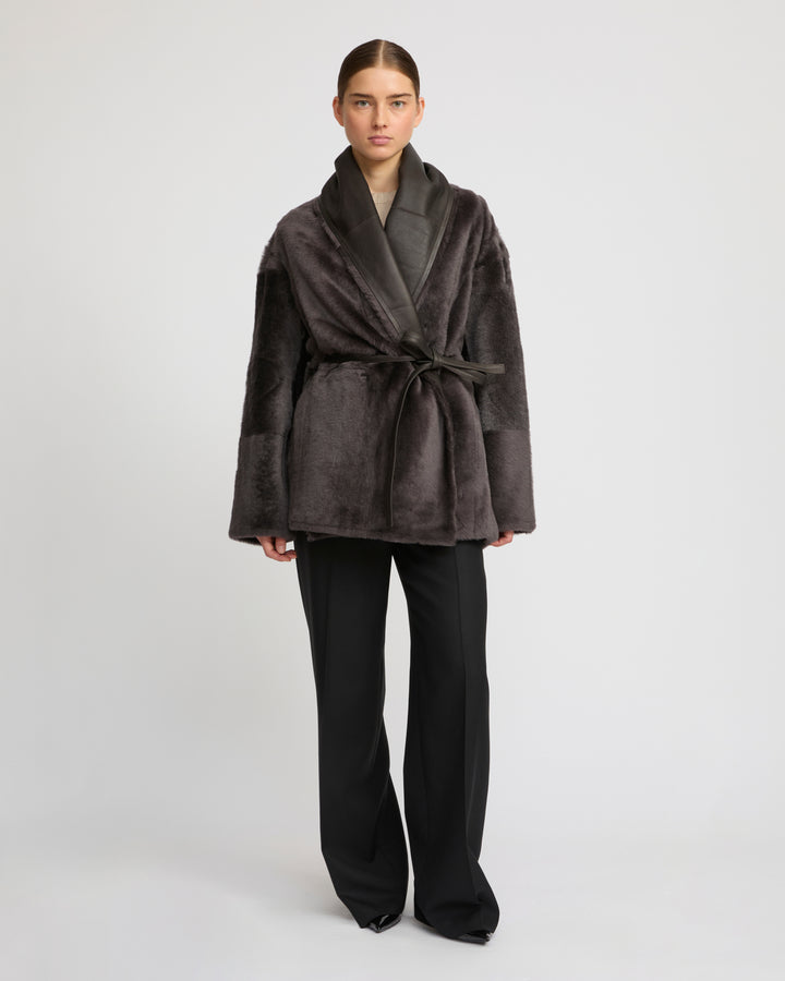 Long draped lambskin shearling jacket - Yves Salomon