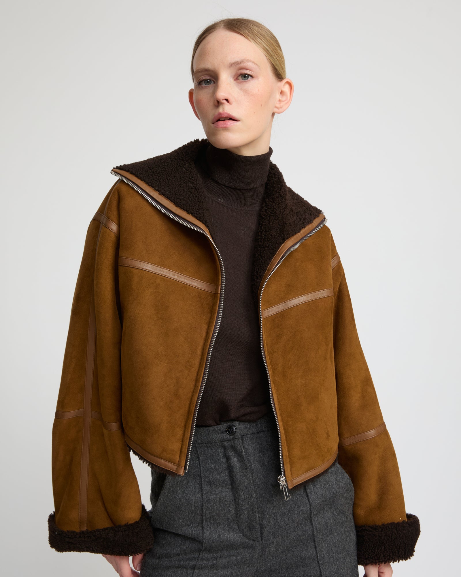 Suede Merino lambskin cropped jacket - camel - Yves Salomon – Yves