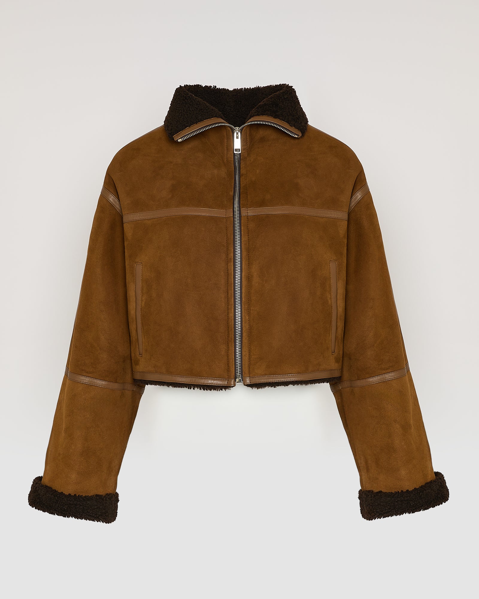 VIA NUOVA PELLE ムートンジャケット Suede Merino lambskin cropped jacket - camel - Yves Salomon – Yves