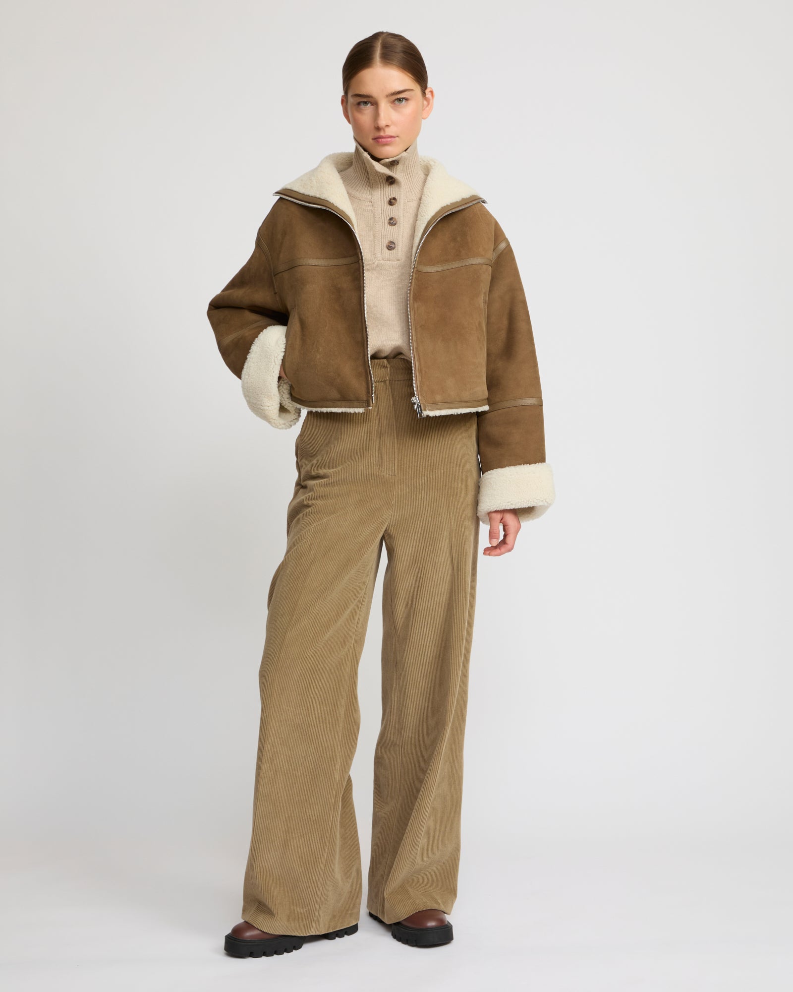 Suede Merino lambskin cropped jacket - camel - Yves Salomon – Yves