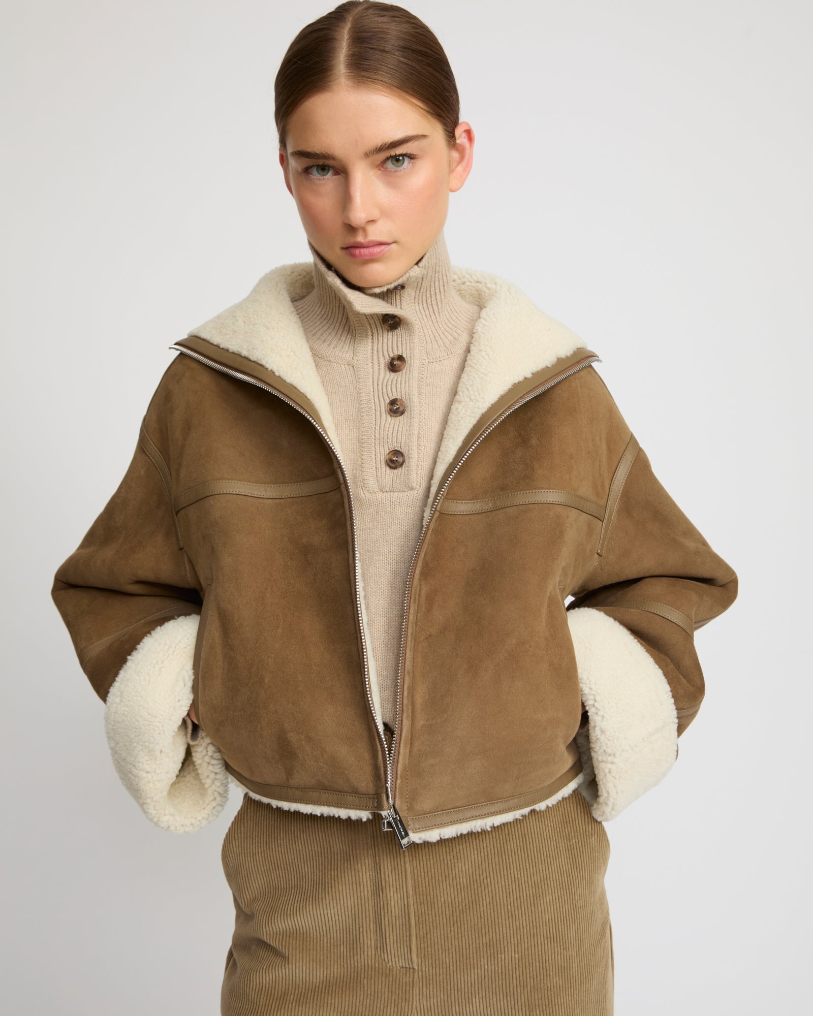 Suede Merino lambskin cropped jacket - camel - Yves Salomon – Yves