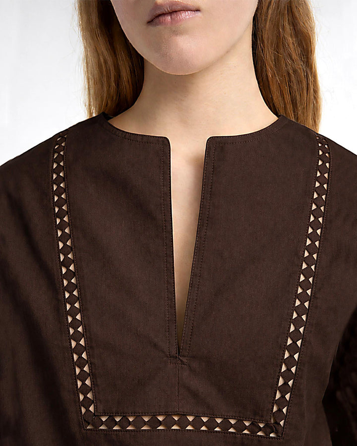 Short sleeve poplin blouse with leather details