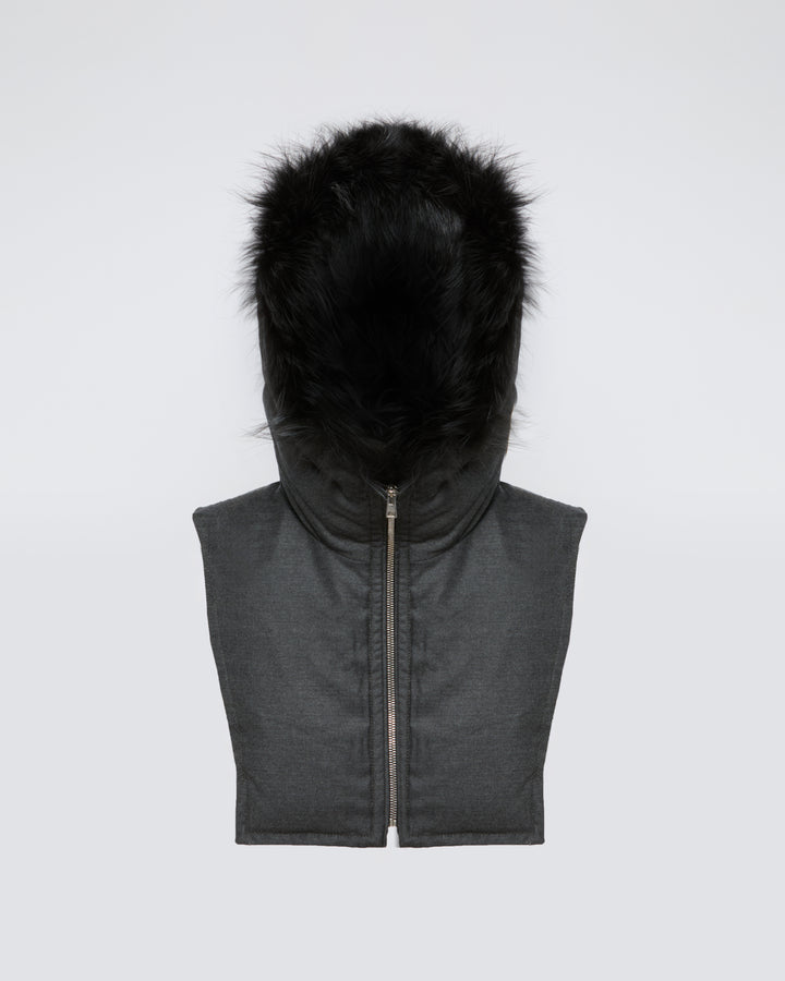 Padded Hood bib in flannel and fox fur -Yves Salomon