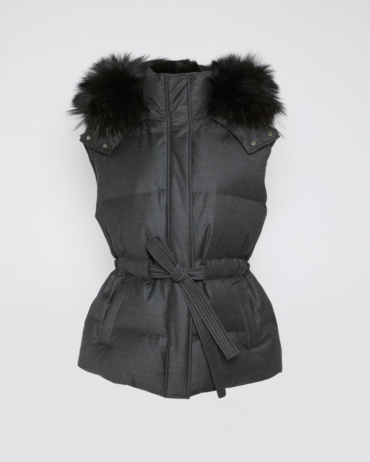 Sleeveless flannel and fox fur down jacket -Yves Salomon