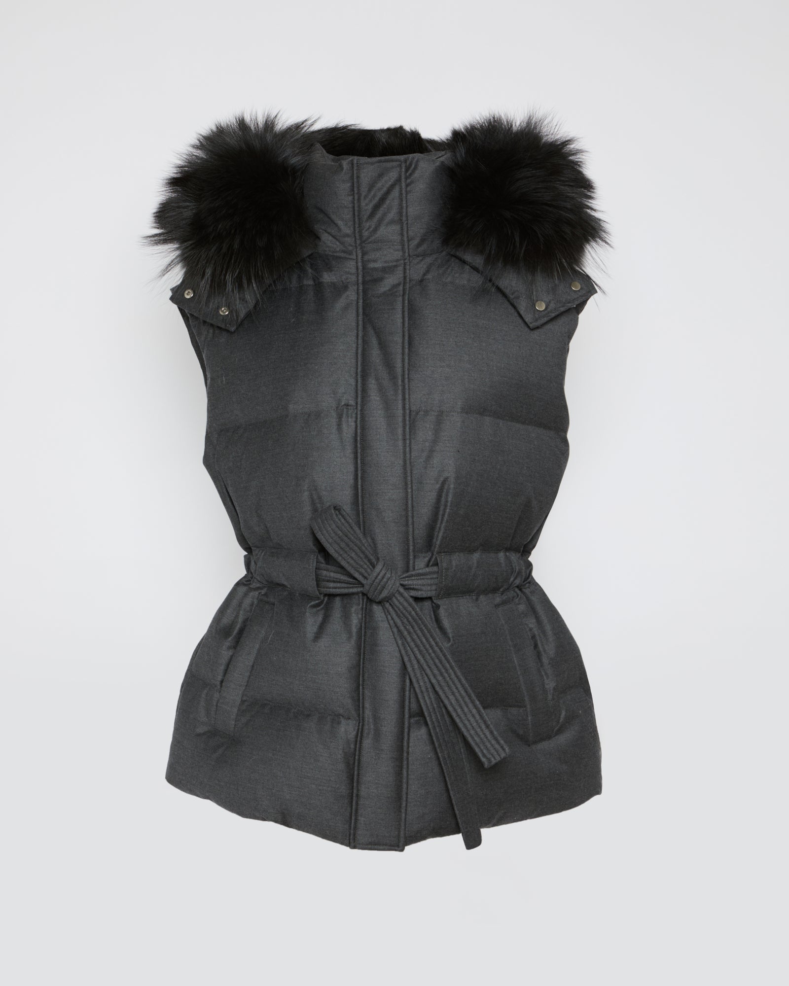 Sleeveless flannel and fox fur down jacket -Yves Salomon