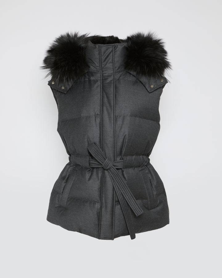 Sleeveless flannel and fox fur down jacket -Yves Salomon