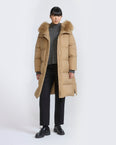 Long down jacket in waterproof technical fabric with airy lamb wool trim