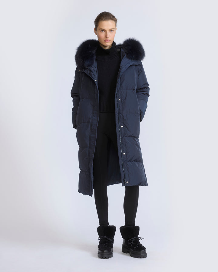 Long down jacket in waterproof technical fabric with fox fur trim - Yves Salomon - New Fall/Winter Collection