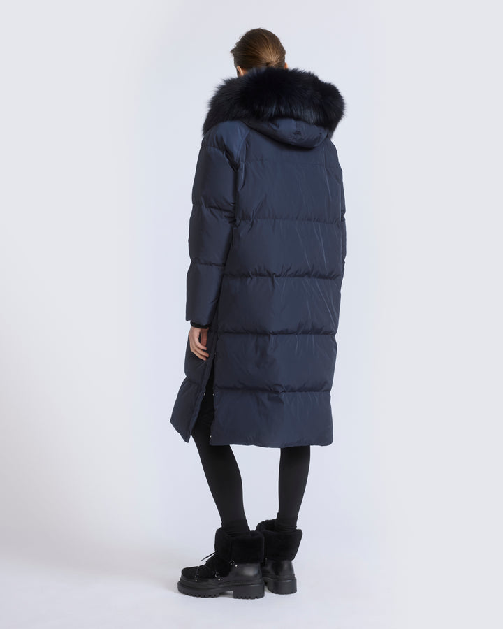 Long down jacket in waterproof technical fabric with fox fur trim - Yves Salomon - New Fall/Winter Collection